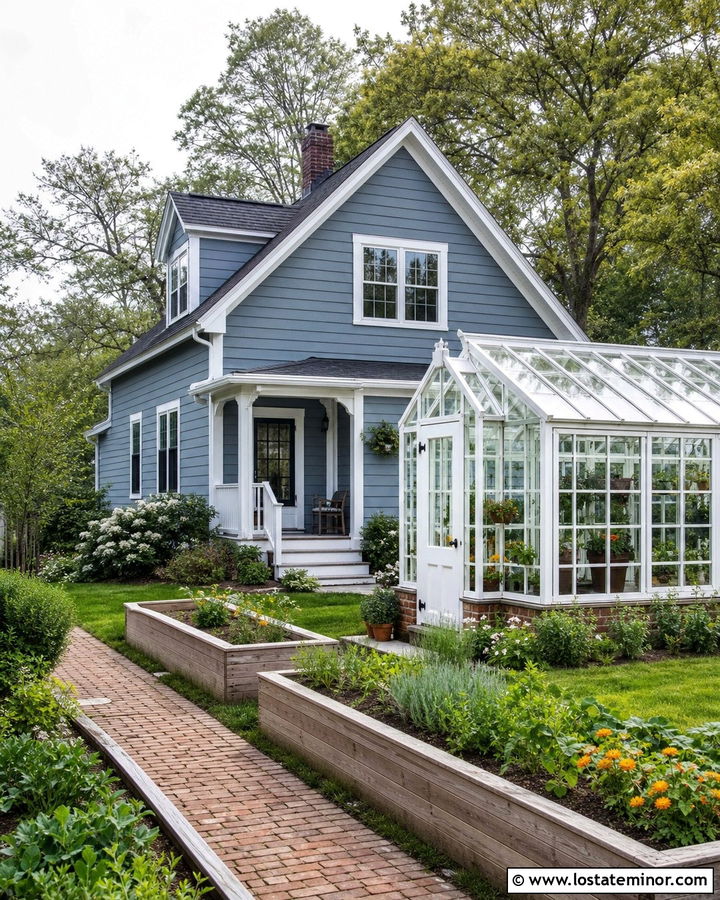 Dusty Blue House With Backyard Greenhouse - 30 Dusty Blue House Design With Backyard Ideas