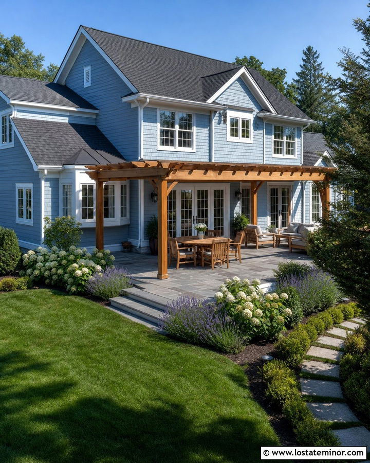 Dusty Blue House With Backyard Patio Pergola - 30 Dusty Blue House Design With Pergola Ideas