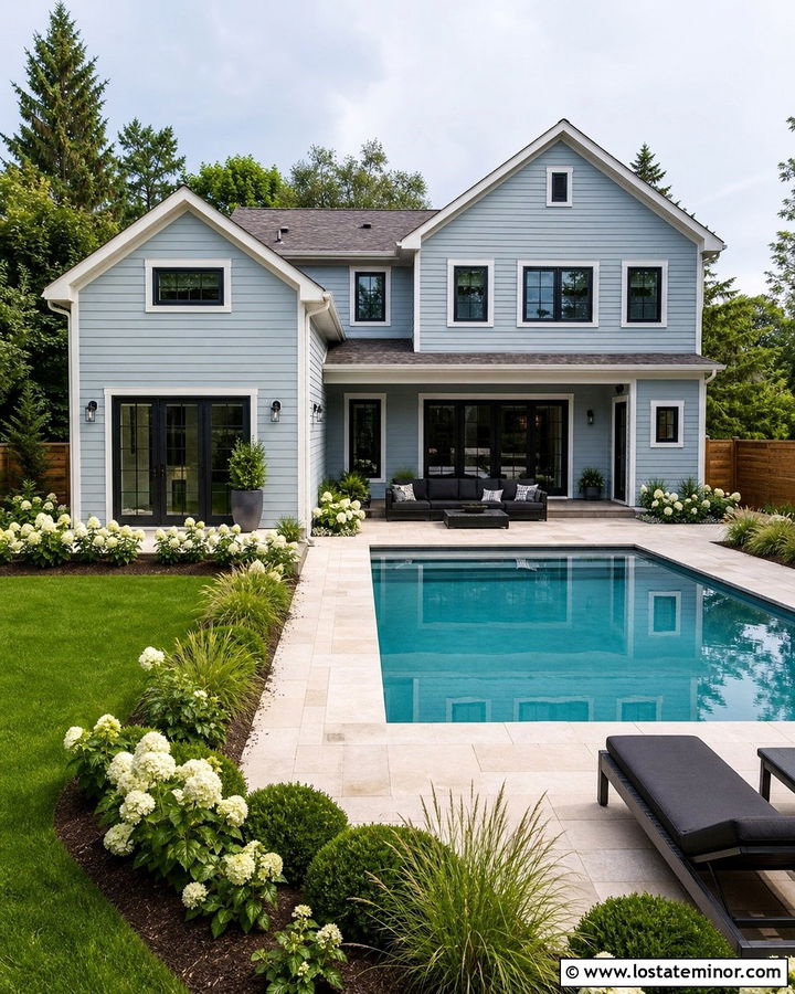 Dusty Blue House With Backyard Pool - 30 Dusty Blue House Design With Backyard Ideas