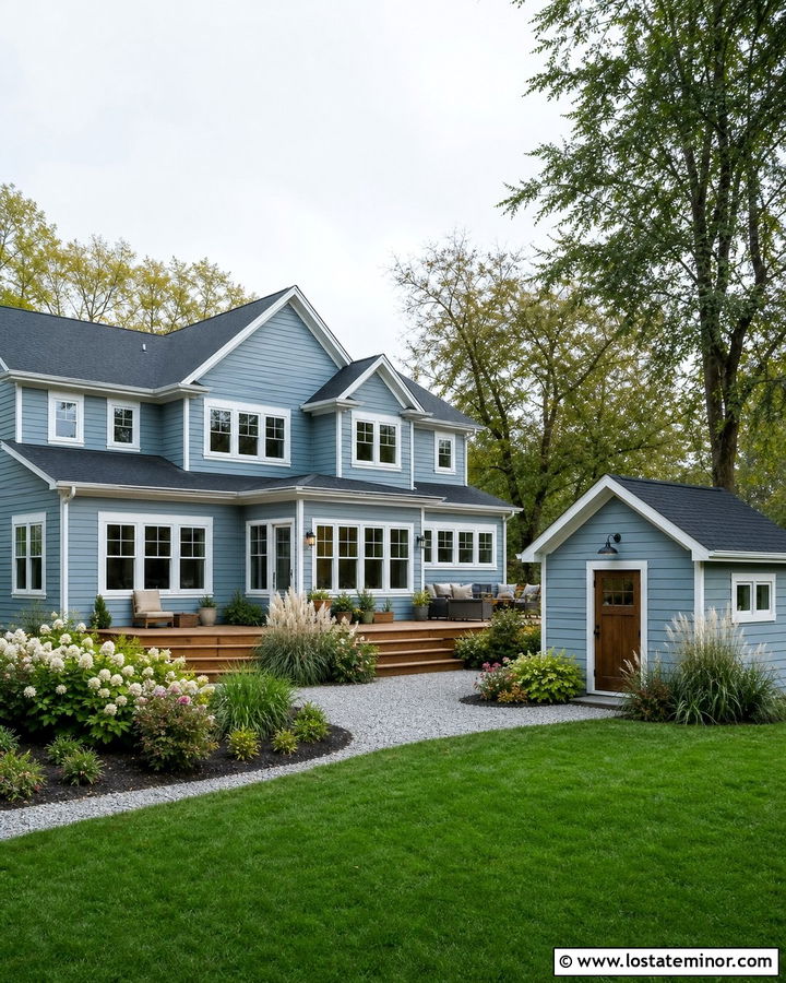 Dusty Blue House With Backyard Shed - 30 Dusty Blue House Design With Backyard Ideas