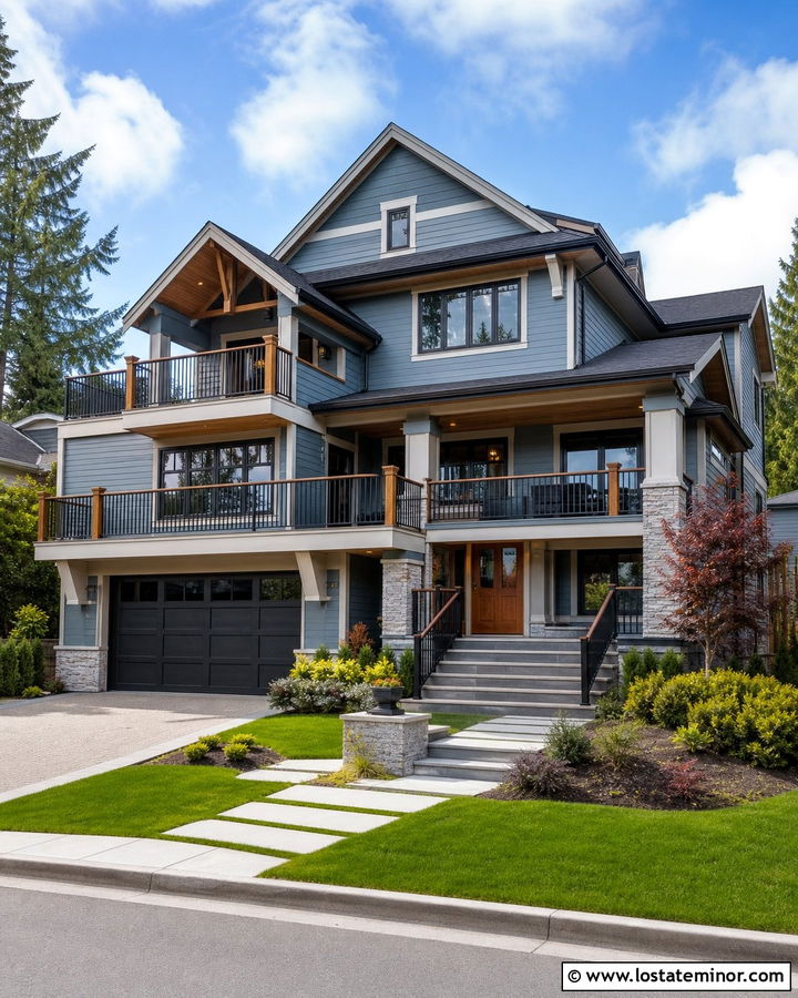 Dusty Blue House With Balcony And Deck Railings - 30 Dusty Blue House Design With Railings Ideas