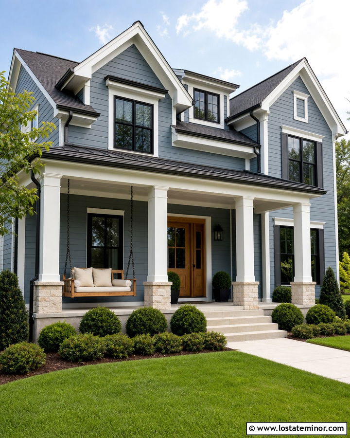 Dusty Blue House With Black Chain Swing - 30 Dusty Blue House Design With Swing Ideas