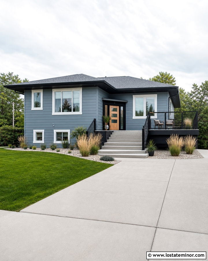 Dusty Blue House With Black Composite Deck - 30 Dusty Blue House Design With Deck Ideas