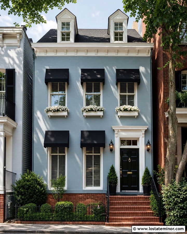 Dusty Blue House With Black Fabric Awnings - 30 Dusty Blue House Design With Awning Ideas