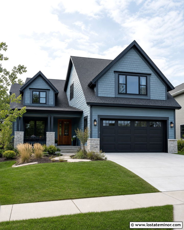 Dusty Blue House With Black Garage And Shingles - 30 Dusty Blue House Design With Shingles Ideas