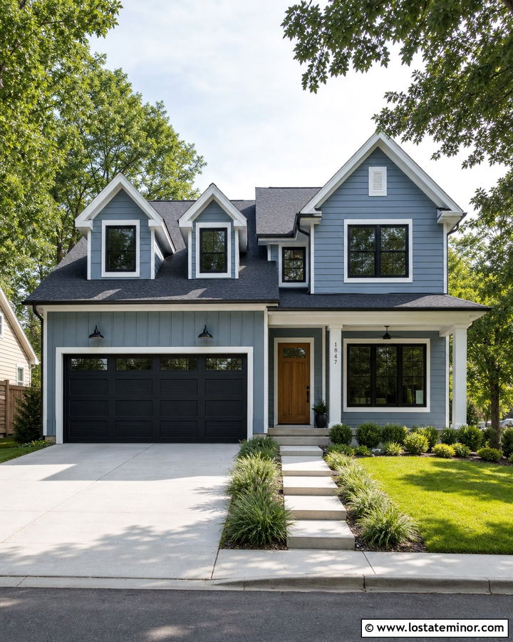 Dusty Blue House With Black Garage Doors - 30 Dusty Blue House Design With Dormers Ideas