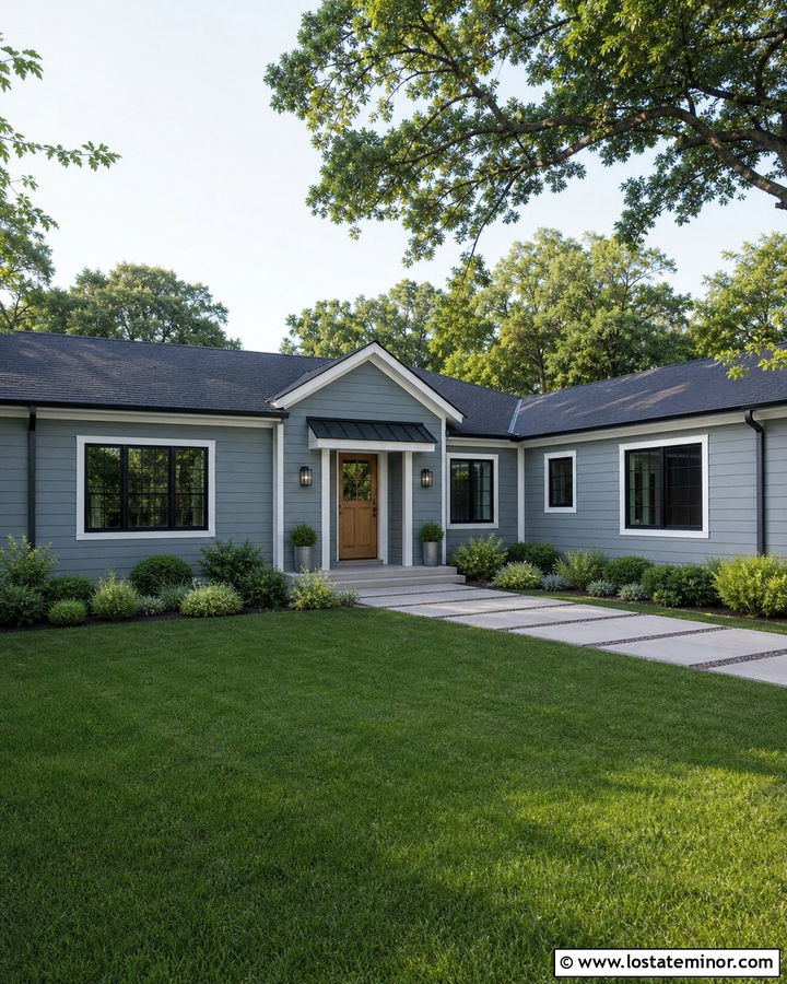 Dusty Blue House With Black Metal Awning - 30 Dusty Blue House Design With Awning Ideas