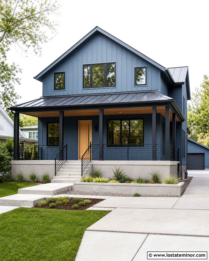 Dusty Blue House With Black Metal Porch Columns - 30 Dusty Blue House Design With Porch Columns Ideas
