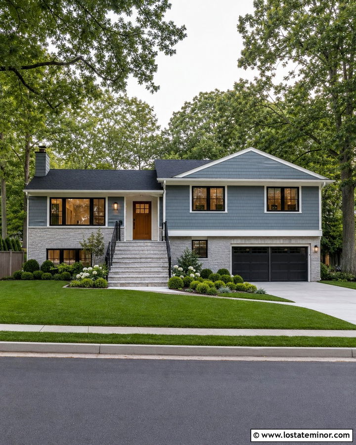 Dusty Blue House With Black Metal Railings - 30 Dusty Blue House Design With Steps Ideas