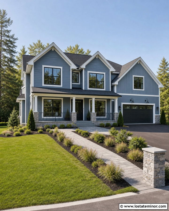 Dusty Blue House With Black Metal Railings - 30 Dusty Blue House Design With Railings Ideas