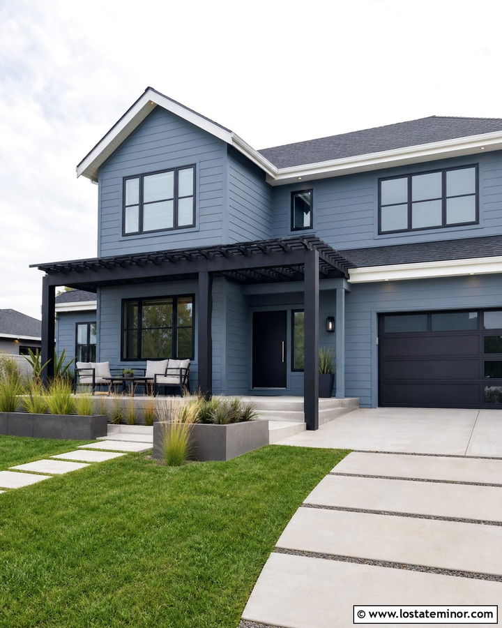 Dusty Blue House With Black Pergola - 30 Dusty Blue House Design With Pergola Ideas