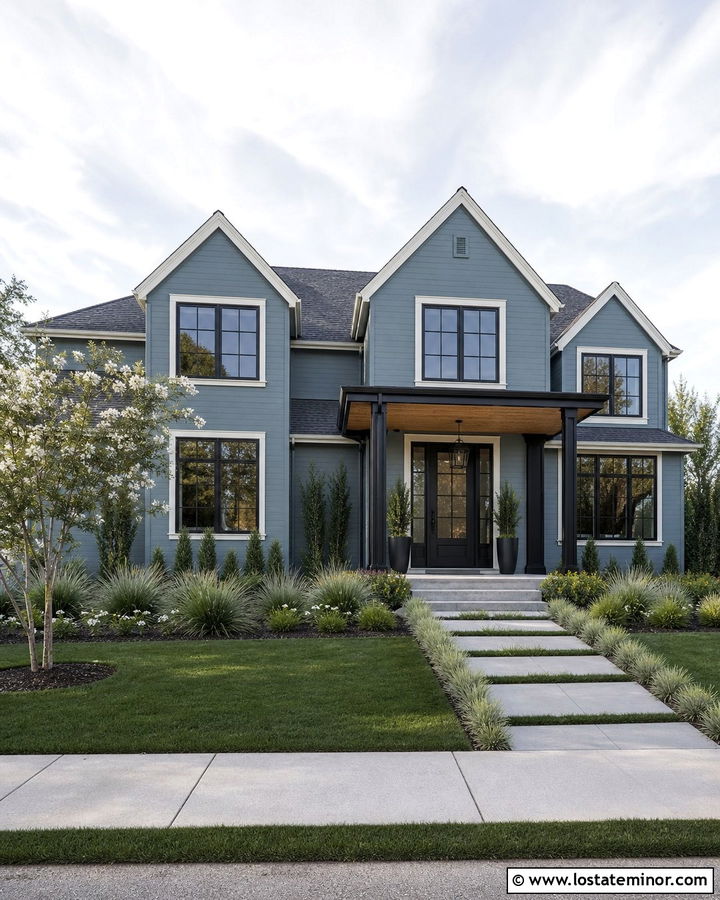 Dusty Blue House With Black Portico - 30 Dusty Blue House Design With Portico Ideas