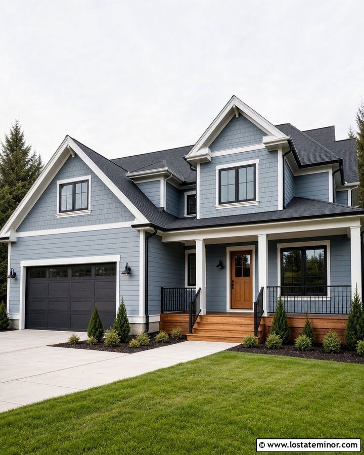 Dusty Blue House With Black Railing Deck - 30 Dusty Blue House Design With Deck Ideas
