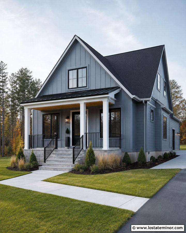 Dusty Blue House With Black Roof And Porch - 30 Dusty Blue House Design With Front Porch Ideas