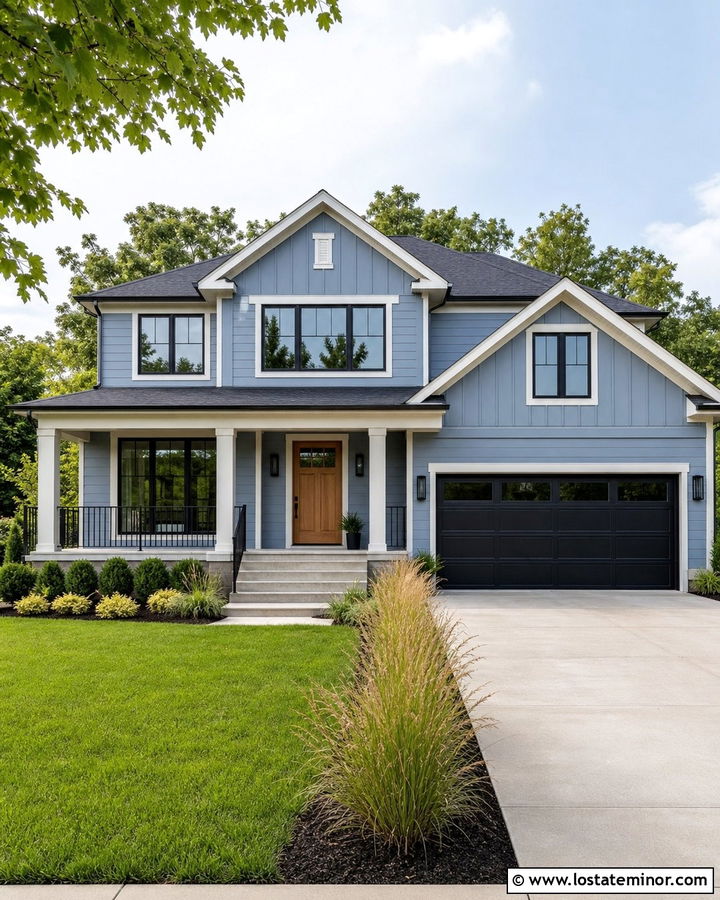 Dusty Blue House With Black Roof And Railings - 30 Dusty Blue House Design With Railings Ideas