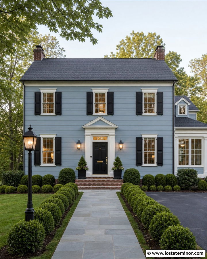 Dusty Blue House With Black Shutters And A Lamp Post - 30 Dusty Blue House Design With Lighting Ideas