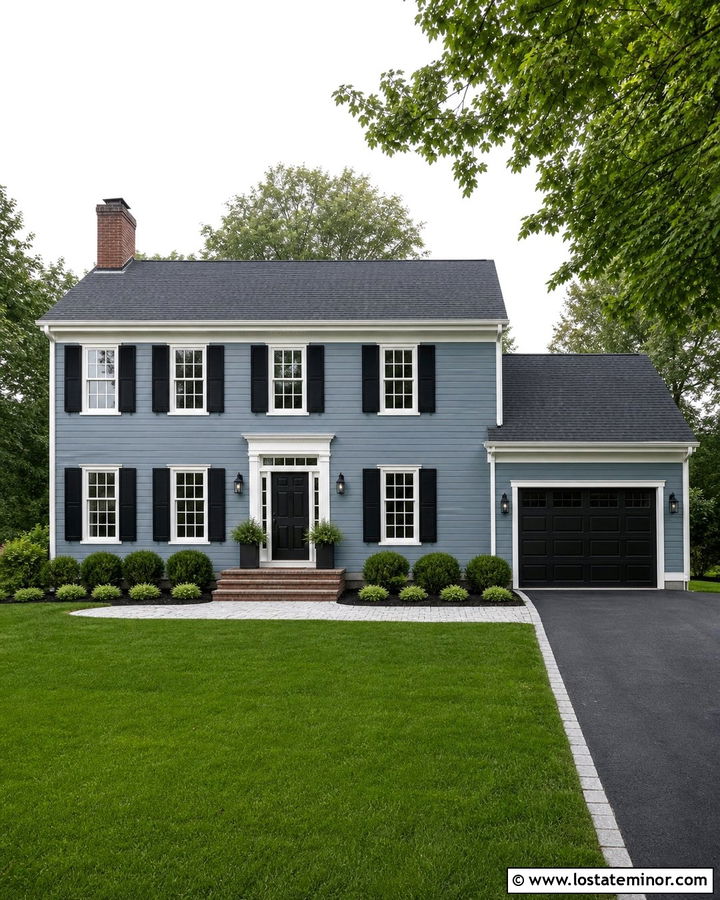 Dusty Blue House With Black Shutters And Garage Door - 30 Dusty Blue House Design With Garage Door Ideas