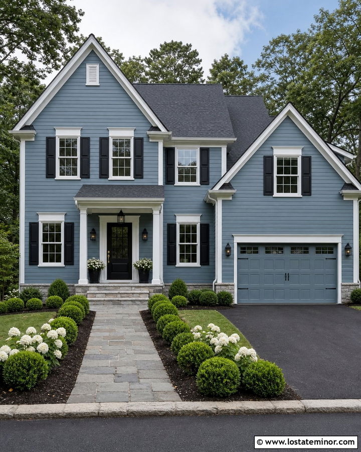 Dusty Blue House With Black Shutters And Stone - 30 Dusty Blue House Design With Stone Accents Ideas