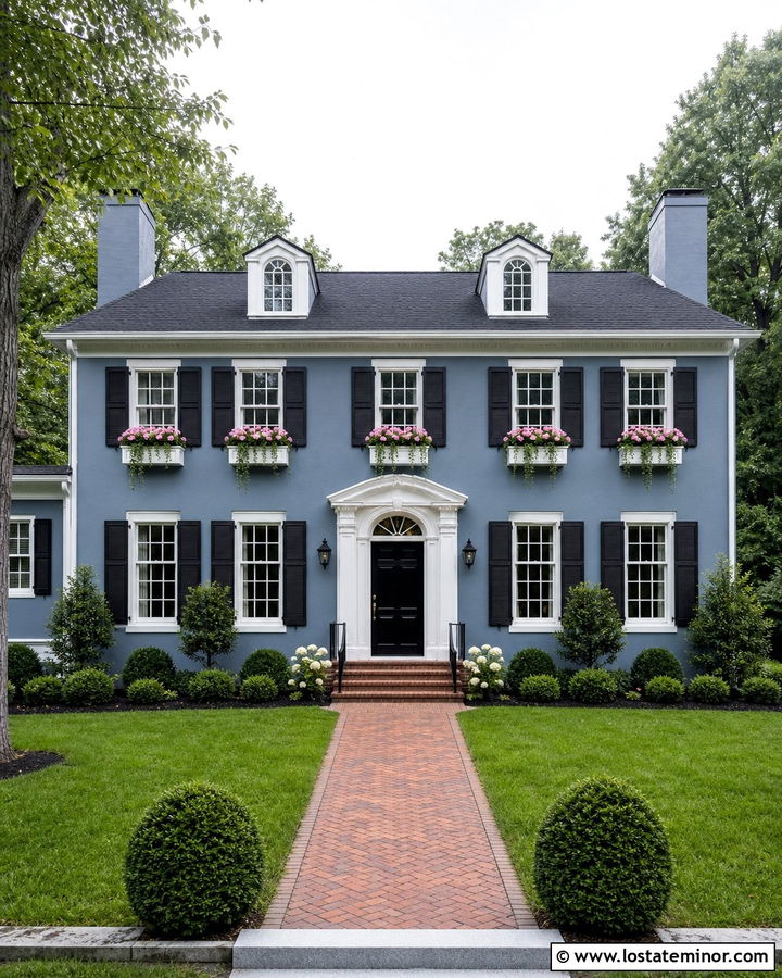 Dusty Blue House With Black Shutters And White Window Boxes - 30 Dusty Blue House Design With Window Boxes Ideas