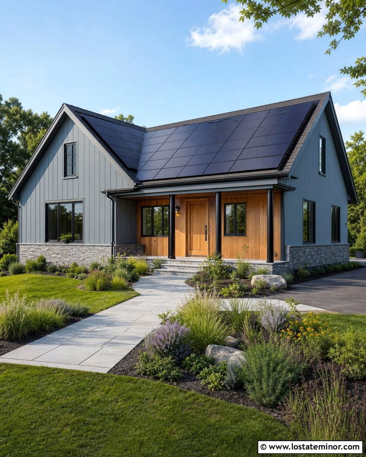 Dusty Blue House With Black Solar Roof - 30 Dusty Blue House Design With Roof Ideas