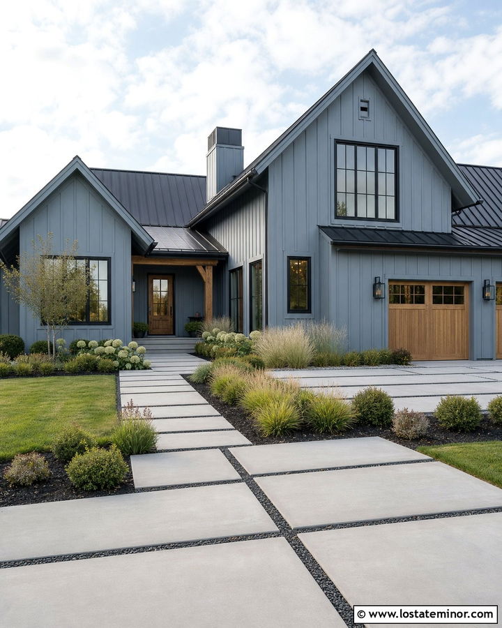 Dusty Blue House With Black Trim And Paver Driveway - 30 Dusty Blue House Design With Driveway Ideas
