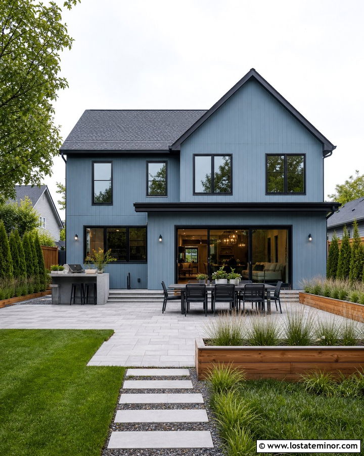 Dusty Blue House With Black Trim And Paver Patio - 30 Dusty Blue House Design With Backyard Ideas