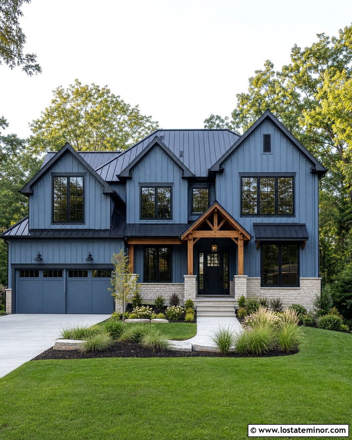 Dusty Blue House With Black Windows And Gables - 30 Dusty Blue House Design With Gables Ideas