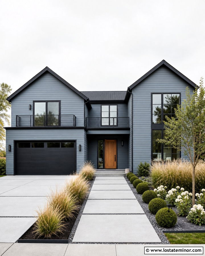 Dusty Blue House With Black Windows And Modern Front Yard - 30 Dusty Blue House Design With Front Yard Ideas