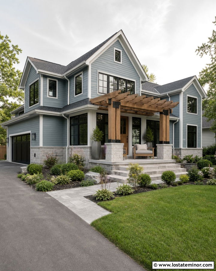 Dusty Blue House With Black Windows And Pergola - 30 Dusty Blue House Design With Pergola Ideas