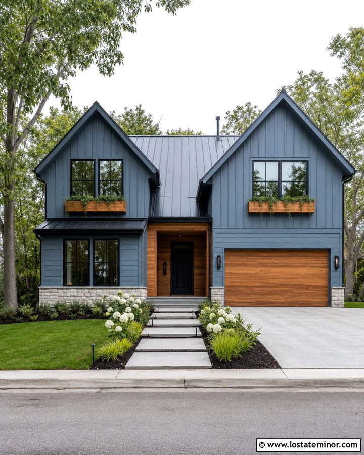 Dusty Blue House With Black Windows And Wood Window Boxes - 30 Dusty Blue House Design With Window Boxes Ideas