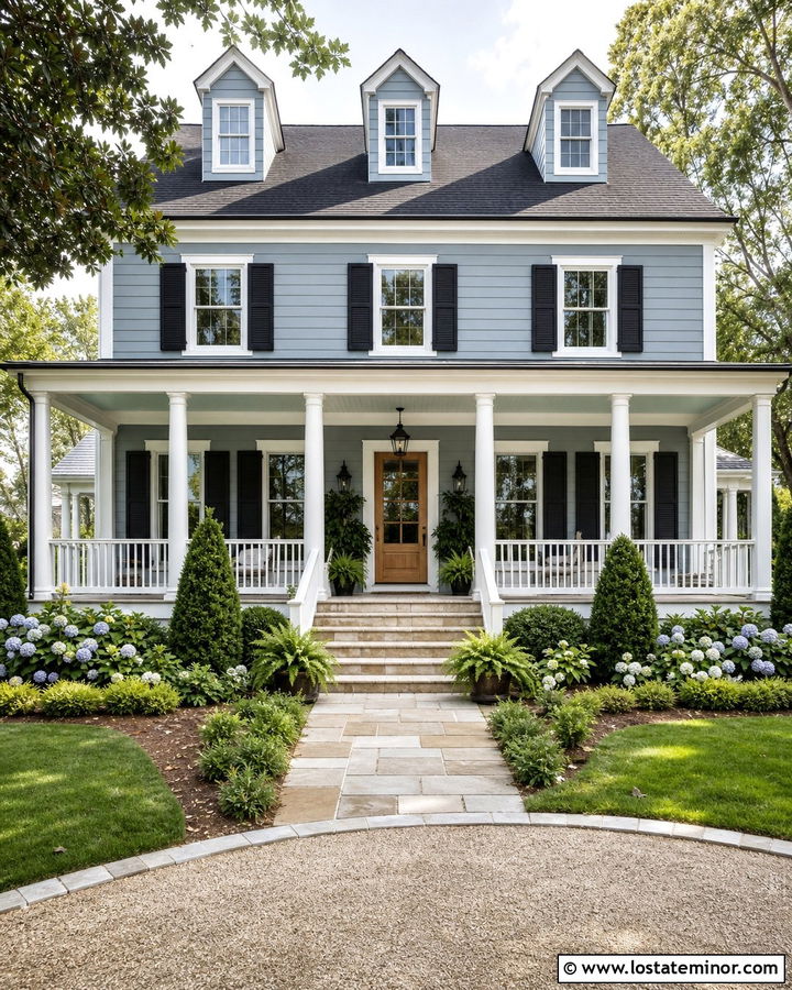 Dusty Blue House With Blue Green Porch Ceiling - 30 Dusty Blue House Design With Porch Ceiling Ideas