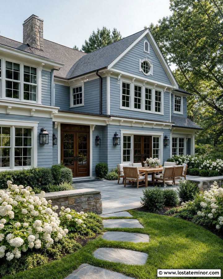 Dusty Blue House With Bluestone Patio - 30 Dusty Blue House Design With Backyard Ideas