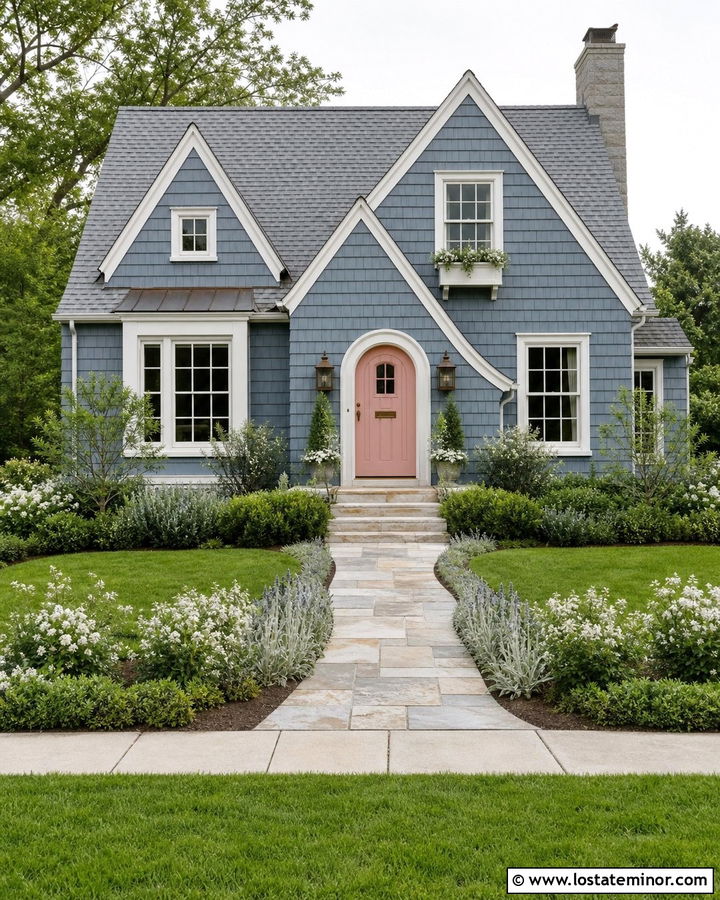 Dusty Blue House With Blush Pink Front Door - 30 Dusty Blue House Design With Front Door Ideas