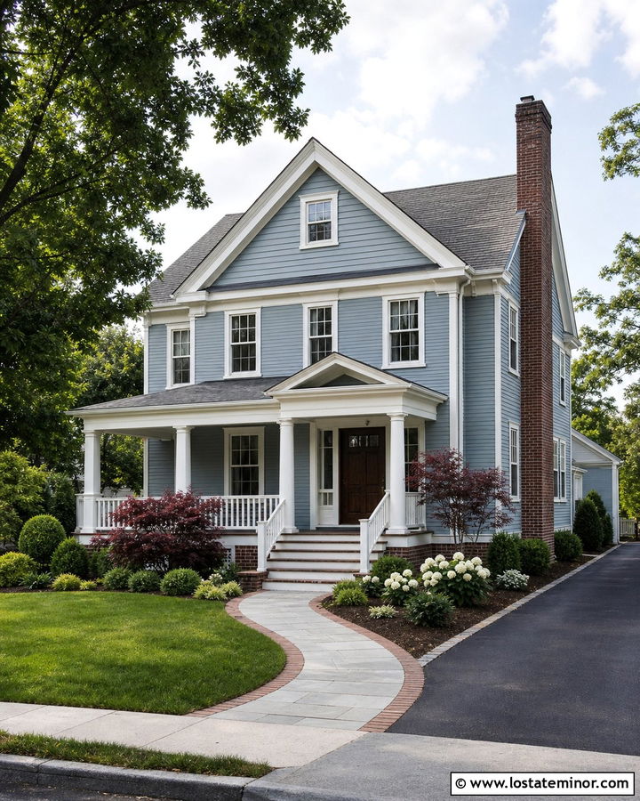 Dusty Blue House With Brick Accents And Curved Front Walkway - 30 Dusty Blue House Design With Front Yard Ideas