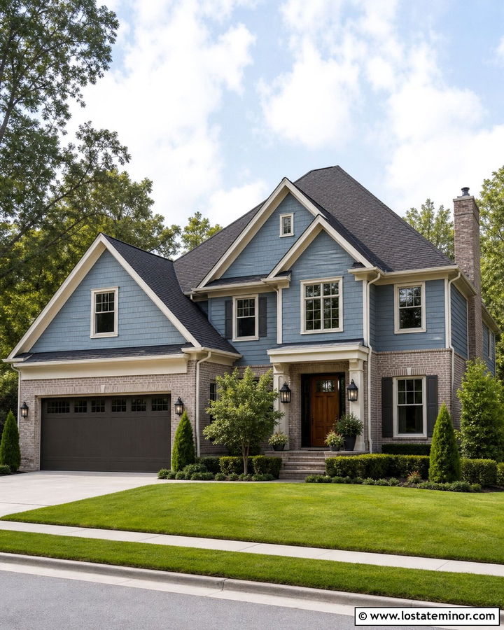 Dusty Blue House With Brick And Gable Siding - 30 Dusty Blue House Design With Gables Ideas