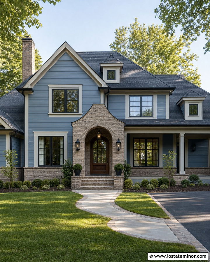Dusty Blue House With Brick Archway - 30 Dusty Blue House Design With Brick Accents Ideas