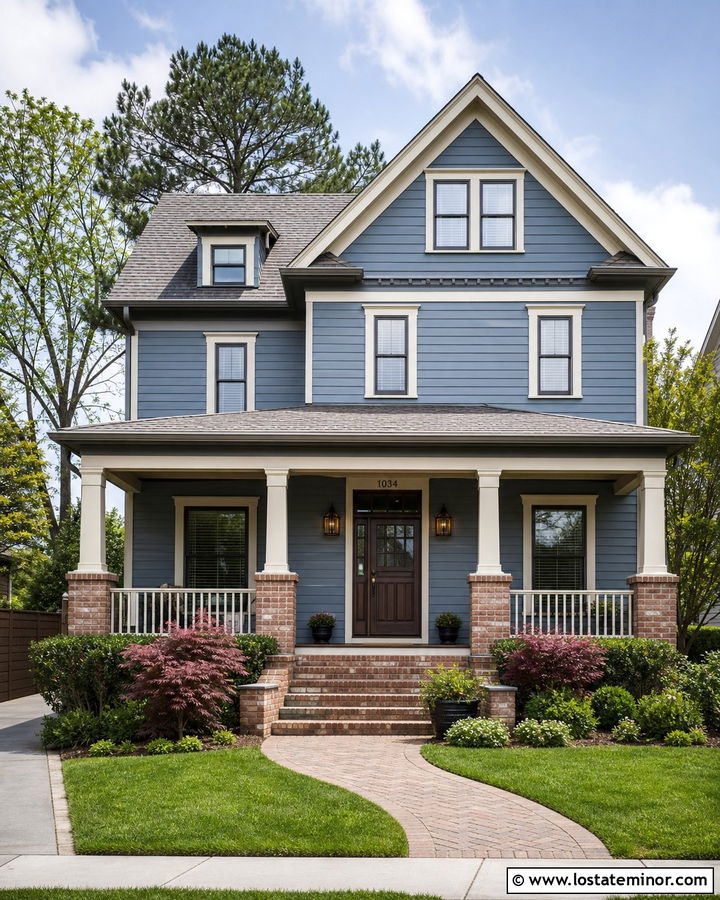 Dusty Blue House With Brick Column Bases - 30 Dusty Blue House Design With Porch Columns Ideas