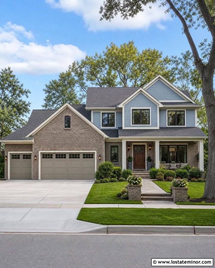 Dusty Blue House With Brick Garage - 30 Dusty Blue House Design With Brick Accents Ideas