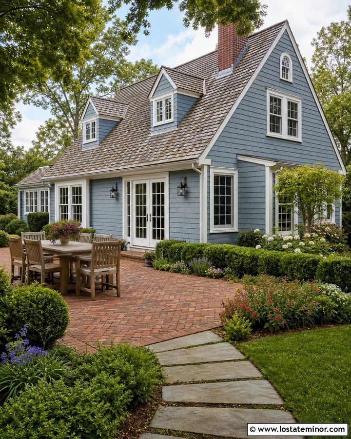 Dusty Blue House With Brick Patio - 30 Dusty Blue House Design With Backyard Ideas
