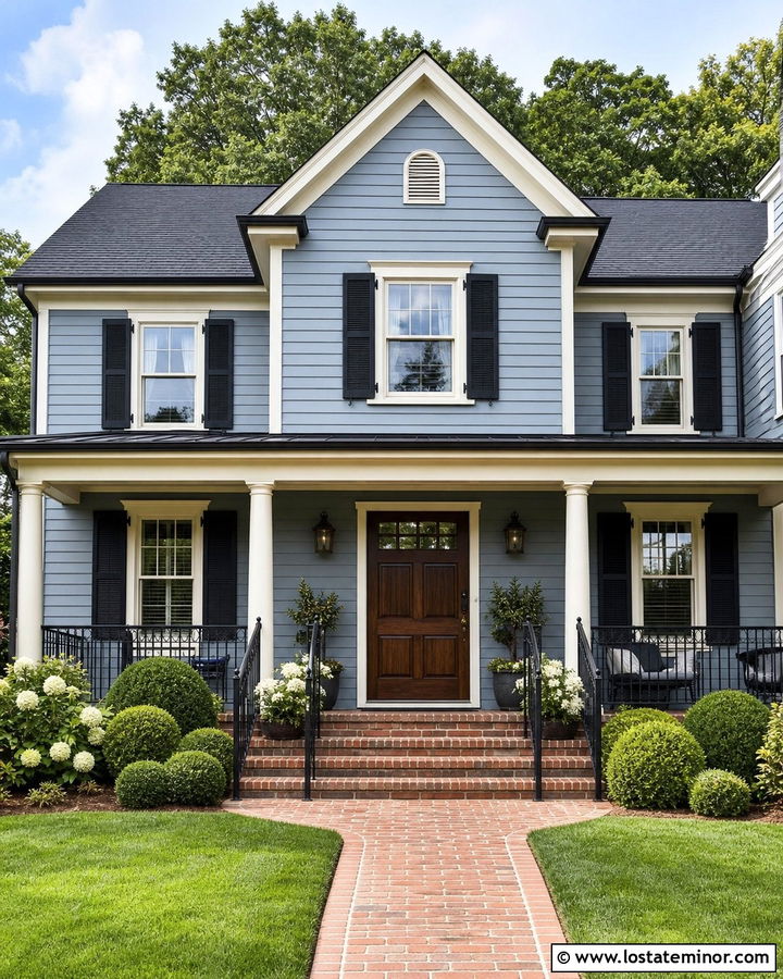 Dusty Blue House With Brick Steps And Railings - 30 Dusty Blue House Design With Railings Ideas