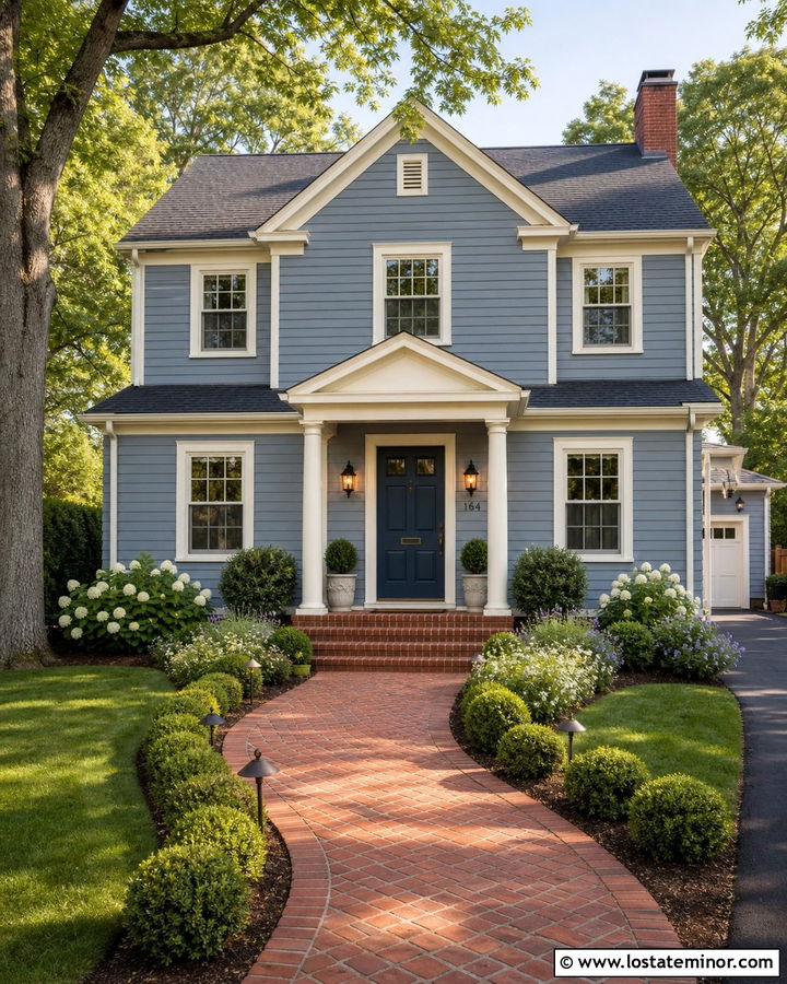 Dusty Blue House With Brick Walkway Lighting - 30 Dusty Blue House Design With Lighting Ideas