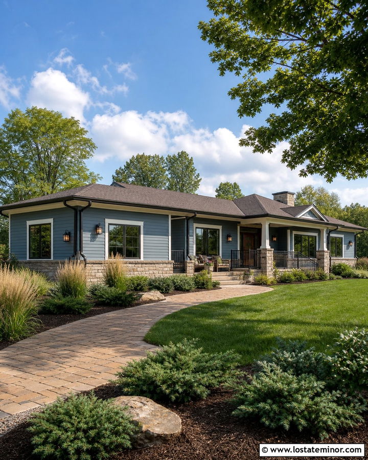 Dusty Blue House With Bronze Aluminum Railings - 30 Dusty Blue House Design With Railings Ideas