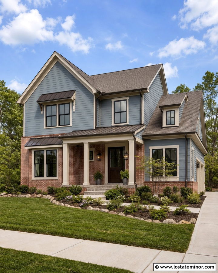 Dusty Blue House With Bronze Window Awnings - 30 Dusty Blue House Design With Awning Ideas