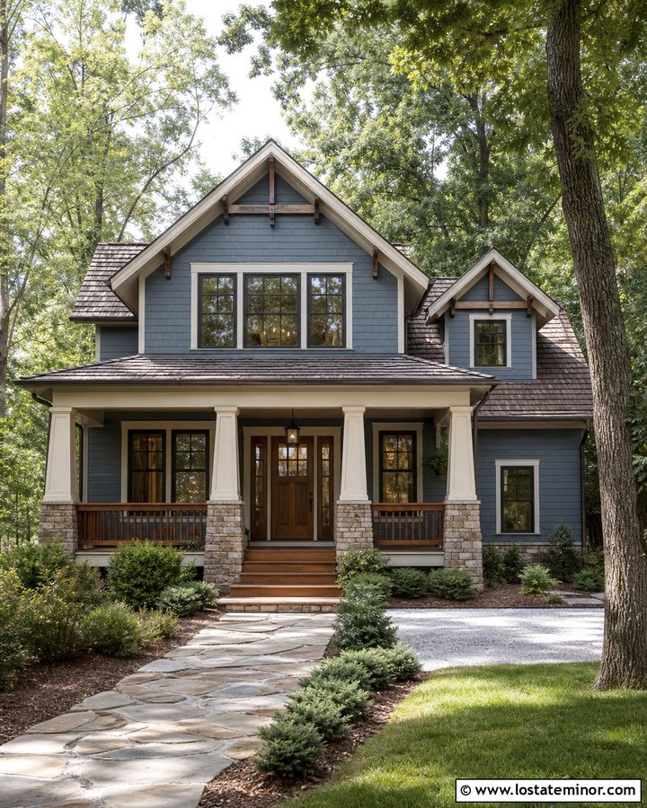 Dusty Blue House With Brown Roof And Porch - 30 Dusty Blue House Design With Front Porch Ideas