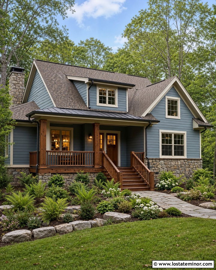 Dusty Blue House With Brown Roof And Wood Railings - 30 Dusty Blue House Design With Railings Ideas