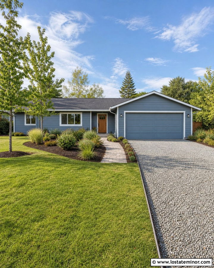 Dusty Blue House With Budget Gravel Driveway - 30 Dusty Blue House Design With Driveway Ideas