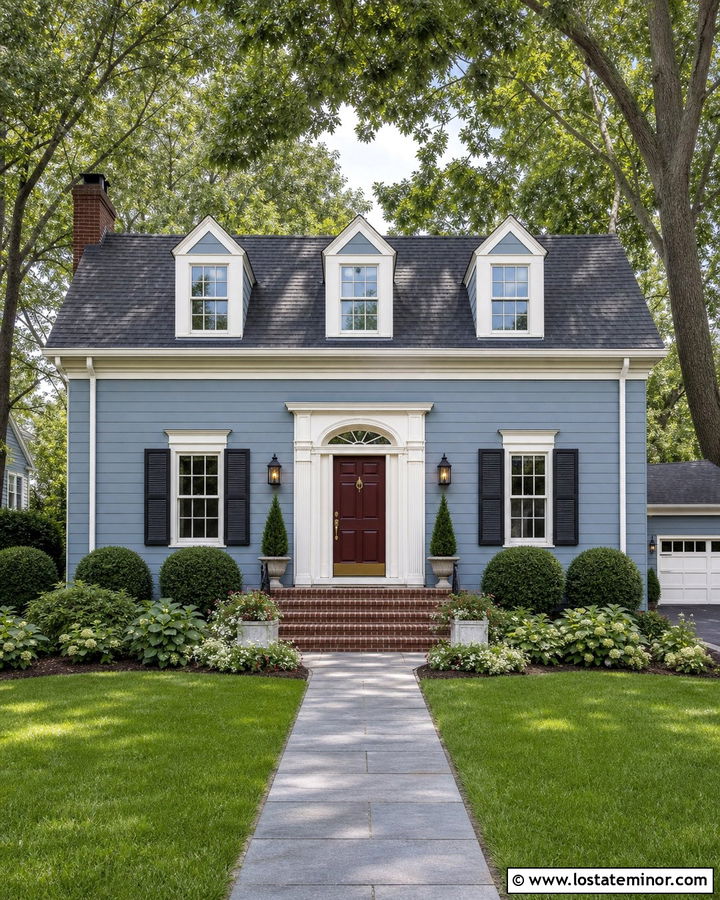 Dusty Blue House With Burgundy Front Door - 30 Dusty Blue House Design With Dormers Ideas