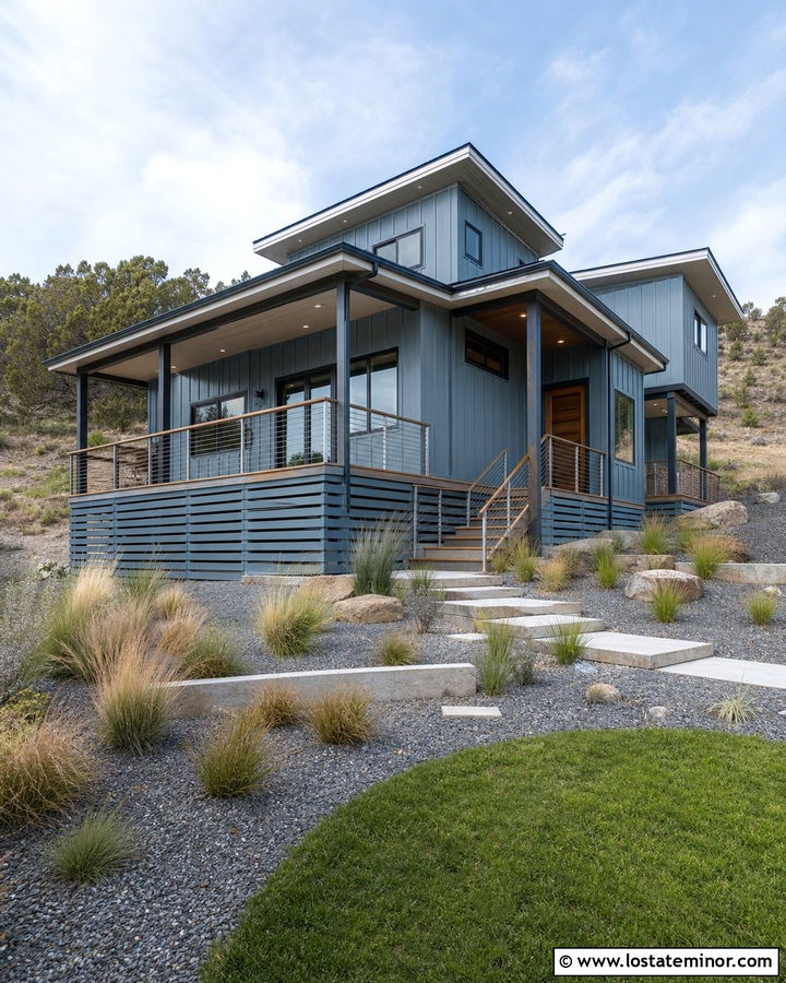 Dusty Blue House With Cable Railing Deck - 30 Dusty Blue House Design With Deck Ideas