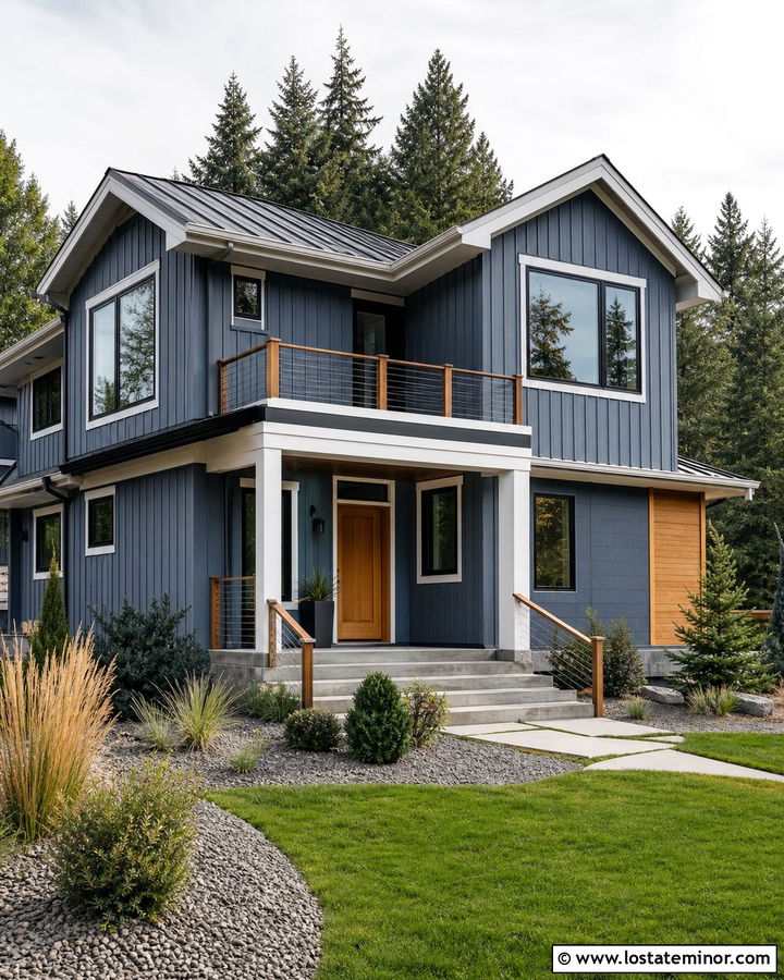 Dusty Blue House With Cable Railings - 30 Dusty Blue House Design With Railings Ideas