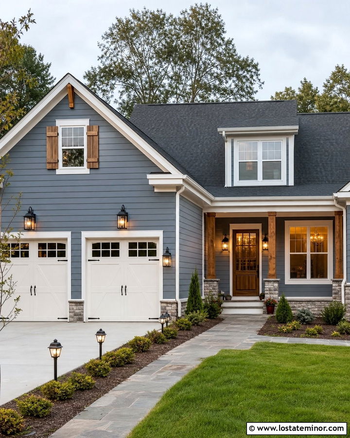 Dusty Blue House With Carriage Garage Lights - 30 Dusty Blue House Design With Lighting Ideas